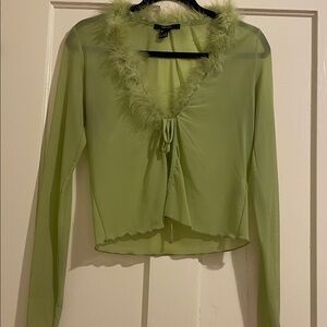 Lime Green Mesh Feather Trim Blouse